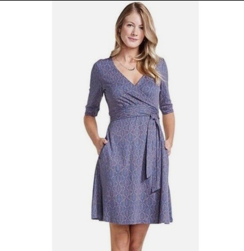 Toad & Co Wrap Midi Dress Blue With Pinkish Orange Geometric Print XL